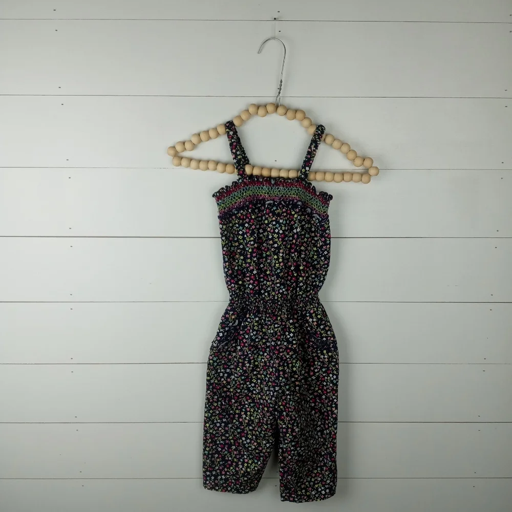 Cherokee girls size 3T ruffle smock small floral pant romper navy blue white